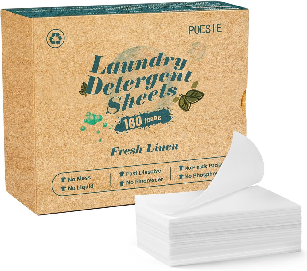 Laundry Detergent Sheets Fresh Linen Scent 160 Sheets 80 Large Loads Plastic Fre