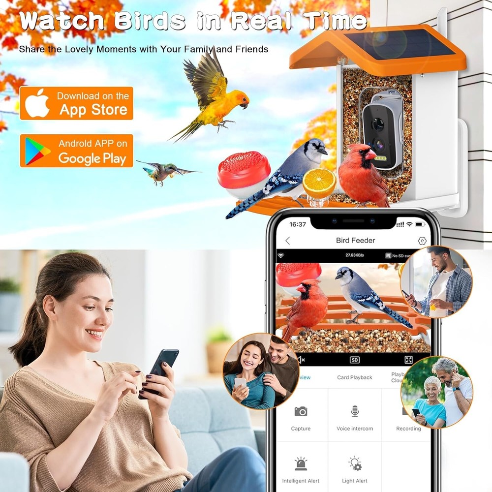 Smart AI Bird Feeder Solar-Powered Camera Auto Identifier Live View Weatherproof