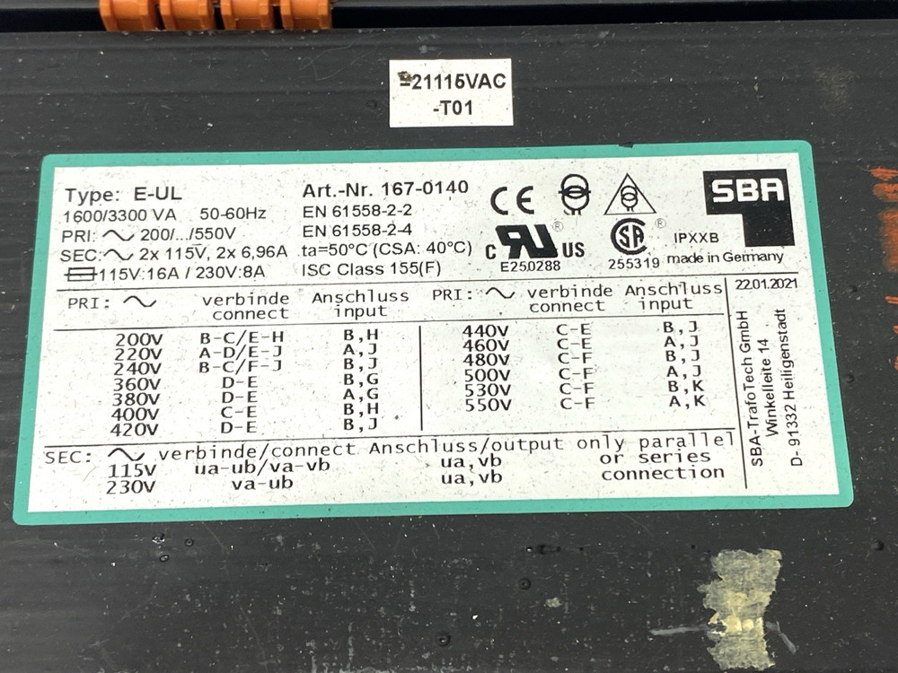 SBA 167-0140 Control Transformer E-UL 1600VA
