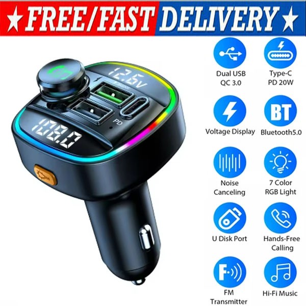 Bluetooth 5.0 Car Wireless FM Transmitter Adapter USB PD Charger AUX Hands-Free