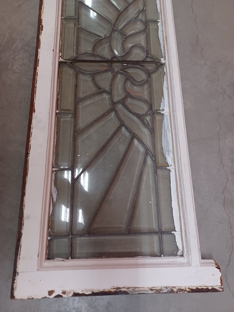 ANTIQUE TRANSOM LEADED BEVELED GLASS WINDOW.