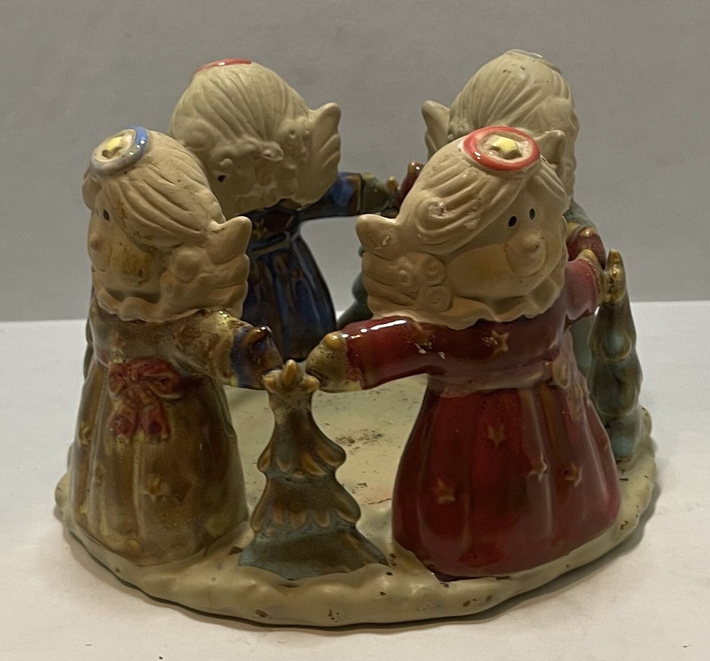 Ceramic Angels And Christmas Tree Pillar Candle Ring Holder