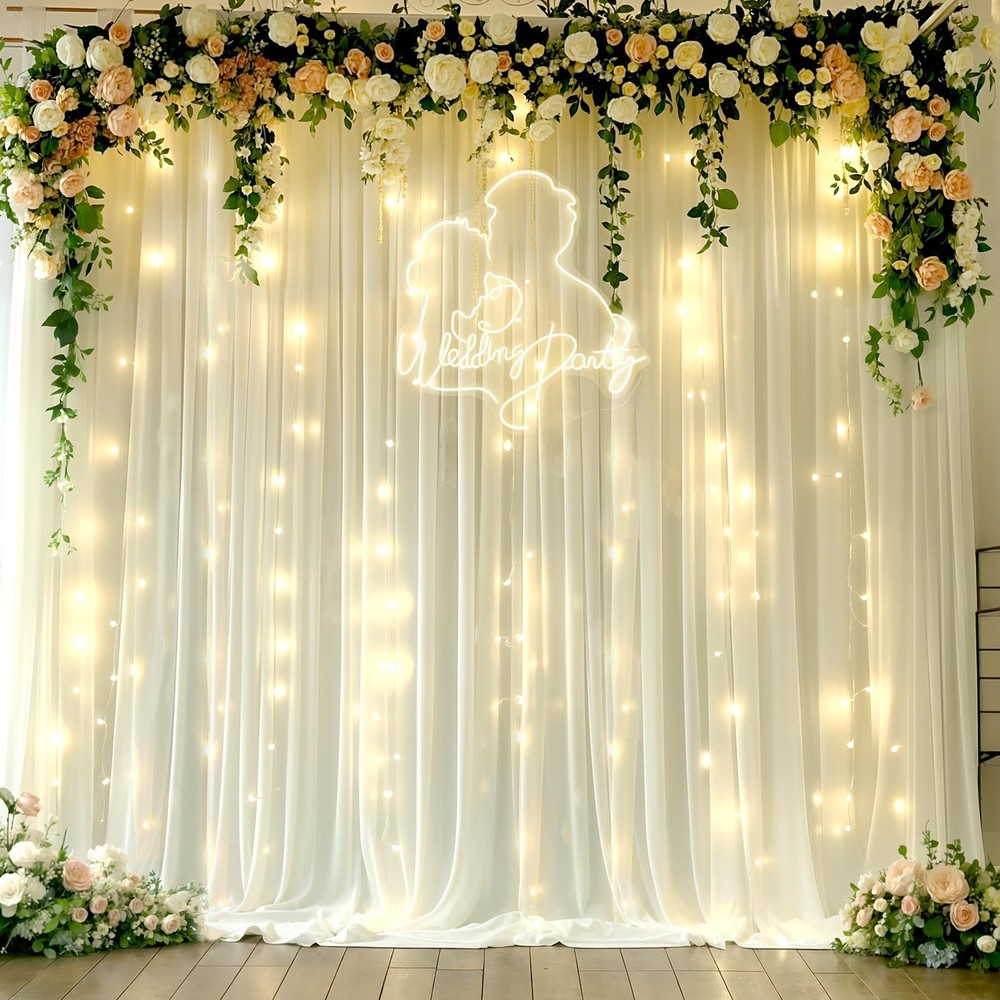 Ivory White Chiffon Backdrop Curtain 10x10 Ft With Lights String Wedding