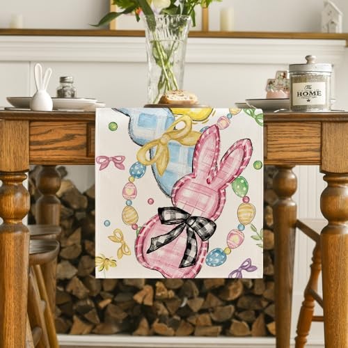 Floral Bow Bunny Rabbits Eggs Easter Table 13" x 60", Table Runner Beige