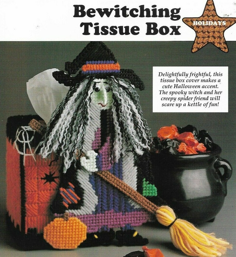 NEW BEWITCHING TISSUE BOX COVER HALLOWEEN PLASTIC CANVAS PATTERN INSTRUCTIONS