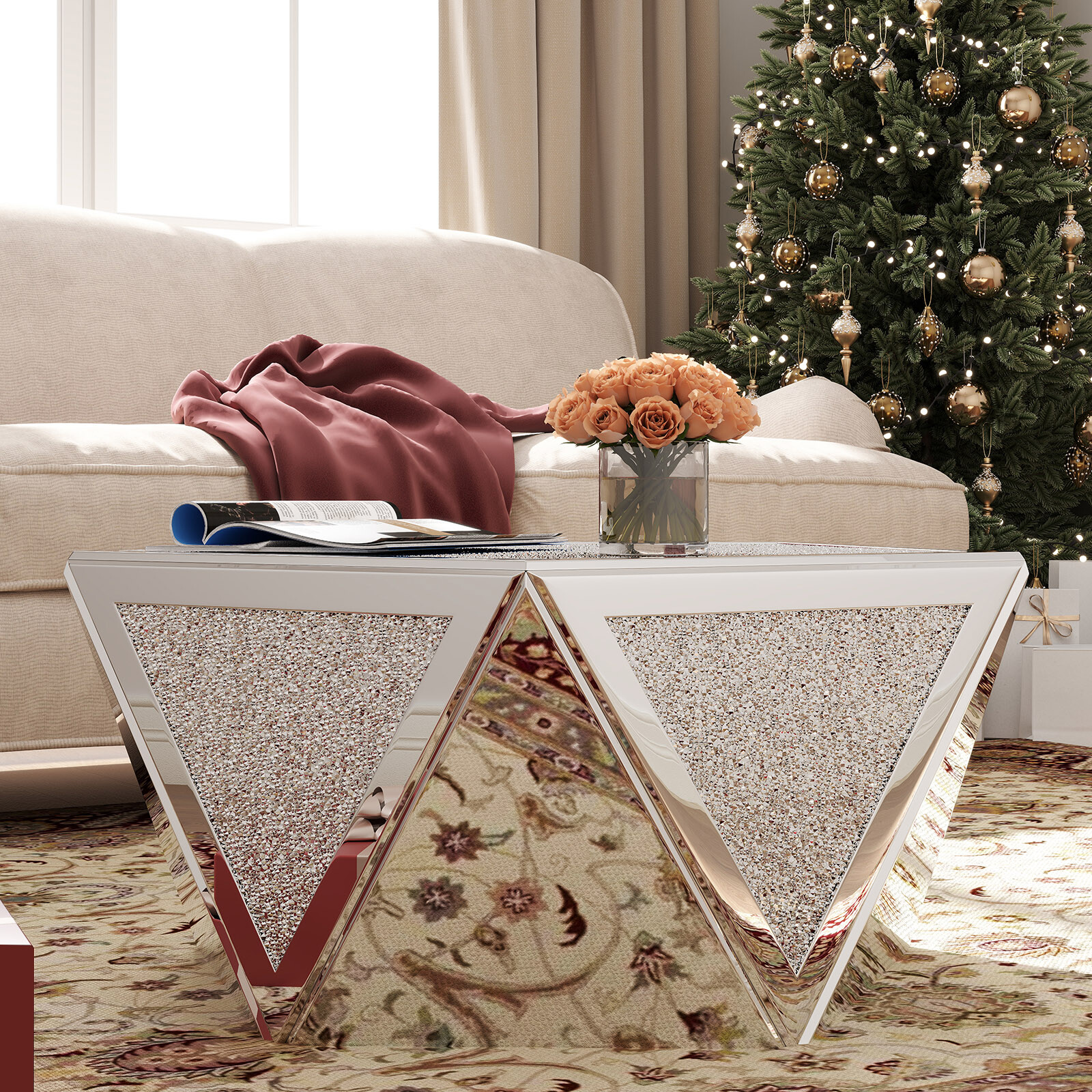 Modern Pentagonal Mirrored Coffee Table Crushed Diamond Luxury Home Living Room