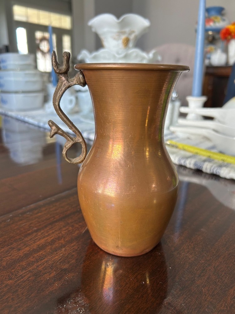Antique Copper Ewer Pitcher Stylized Copper Handle Persian Home Décor 6 ½”