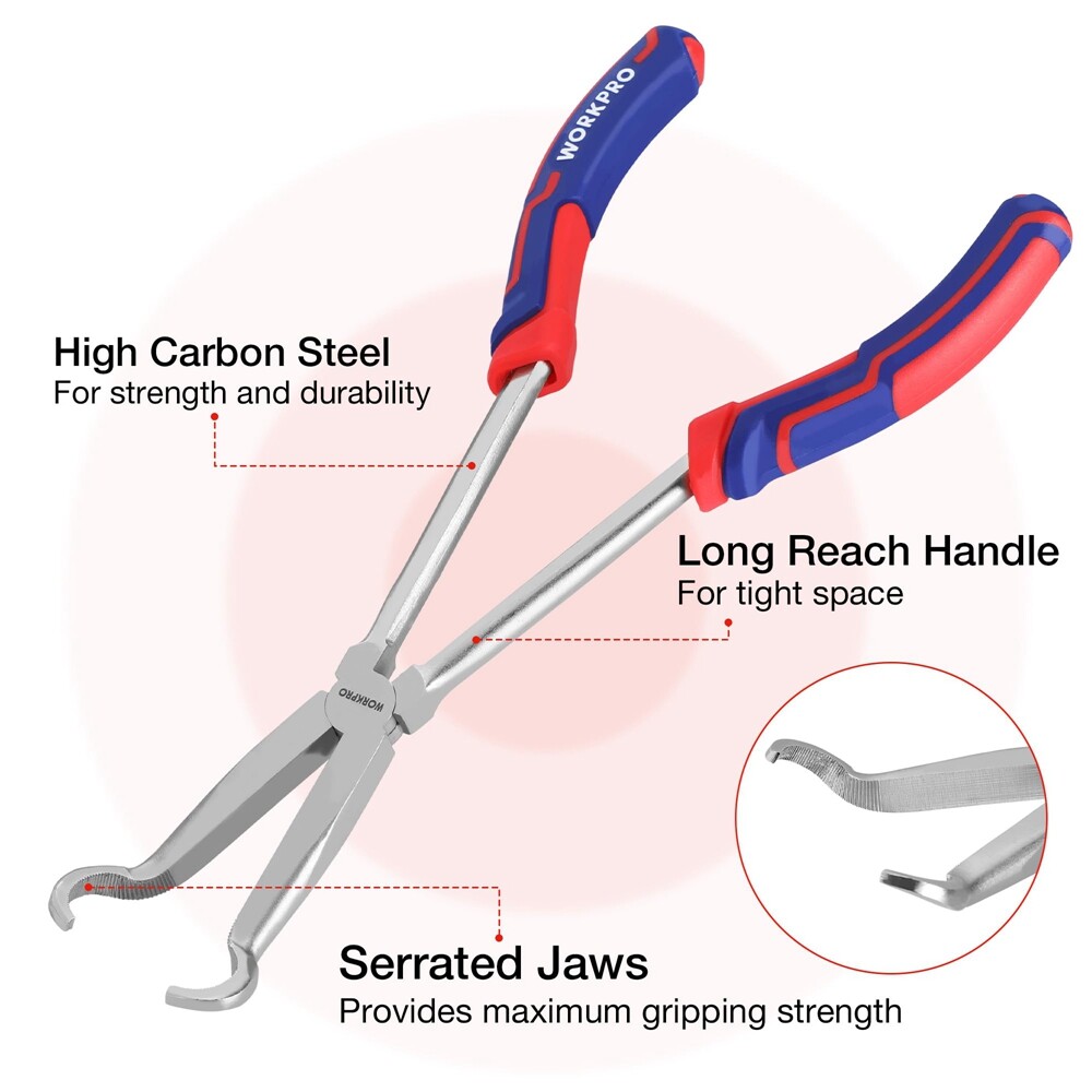 WORKPRO 3PC Long Reach Hose Grip Pliers Set 11" Ring Nose Hose Gripper Plier USA