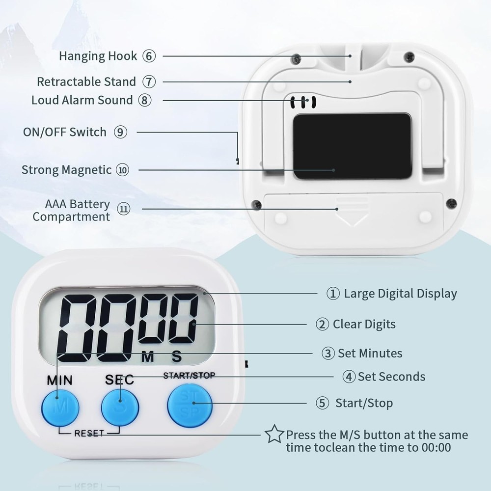 4 Pack White Digital Kitchen Timer Magnetic Digital Timer with Big Display Lo...