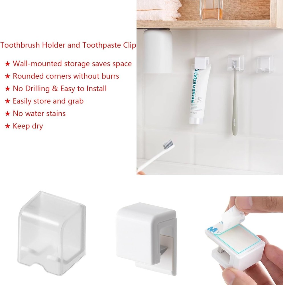 2pc White Toothbrush Holder Wall Mount with Cover & Toothpaste Clips
