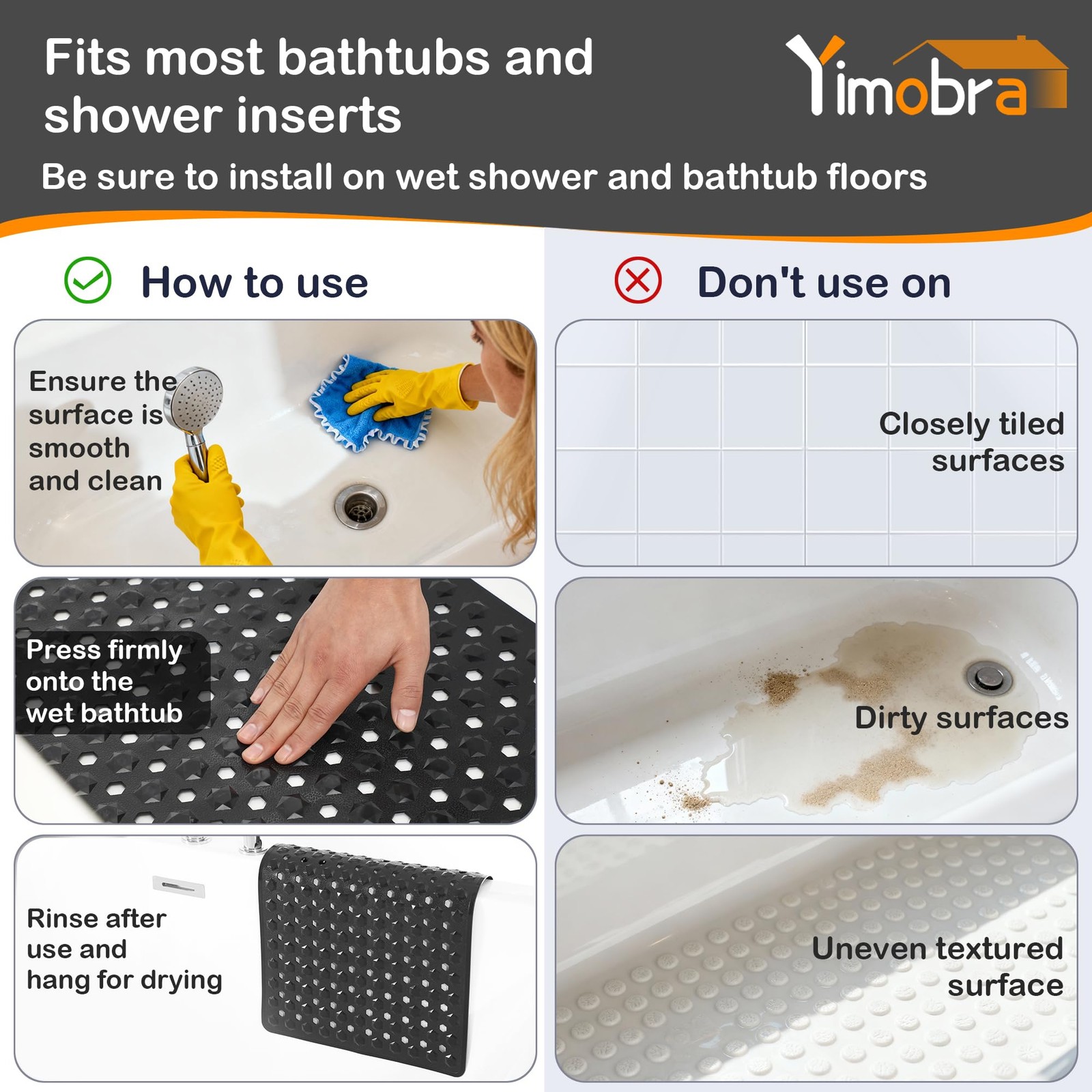 Yimobra Bathtub Mat Non Slip, 27.5"x15.5" Machine Washable 27.5 x 15.5, Black