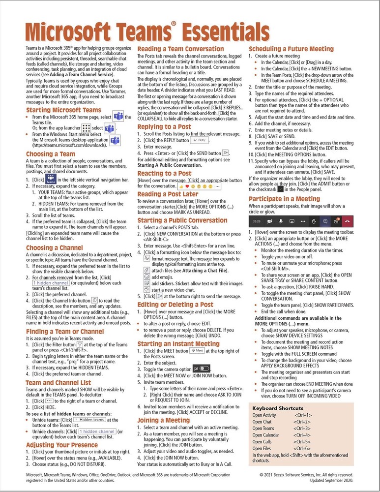 Teams for Microsoft 365 Quick Reference Guide (Cheat Sheet of Instructions, Tips