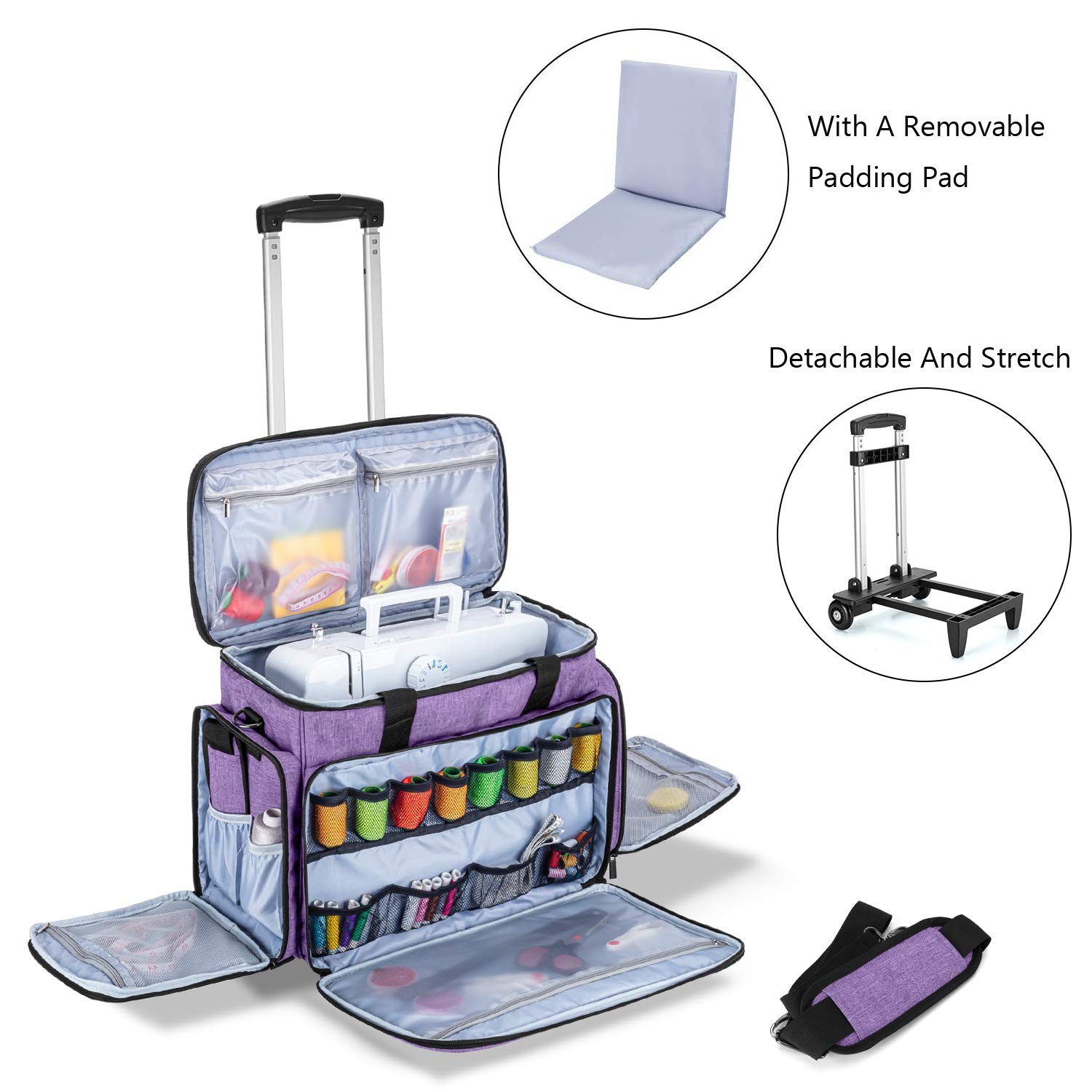 Sewing Machine Case with Detachable Dolly, Rolling Sewing Machine Tote with R...