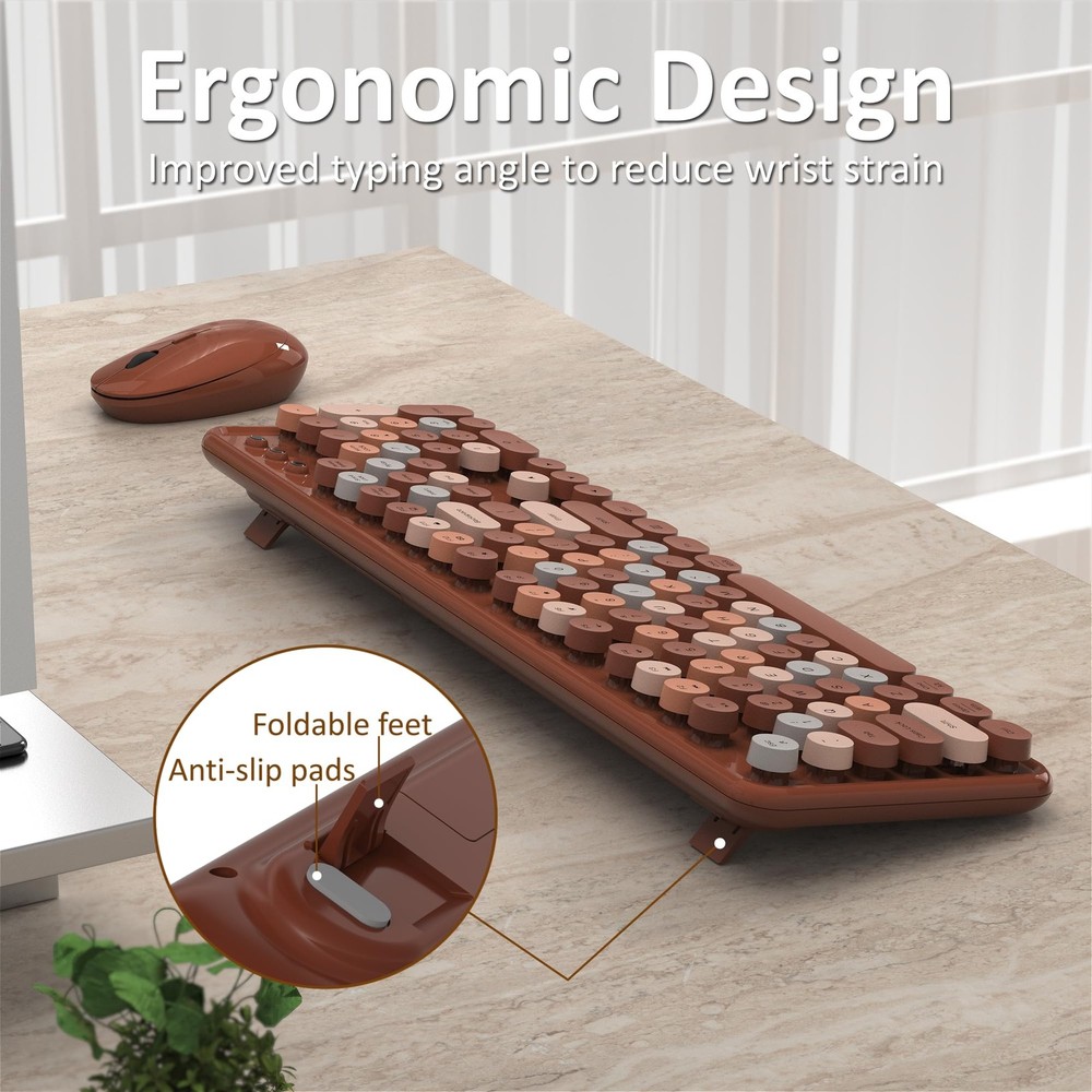 Wireless Keyboard Mouse Combo FullSize Retro Typewriter Round Keycaps Coffee