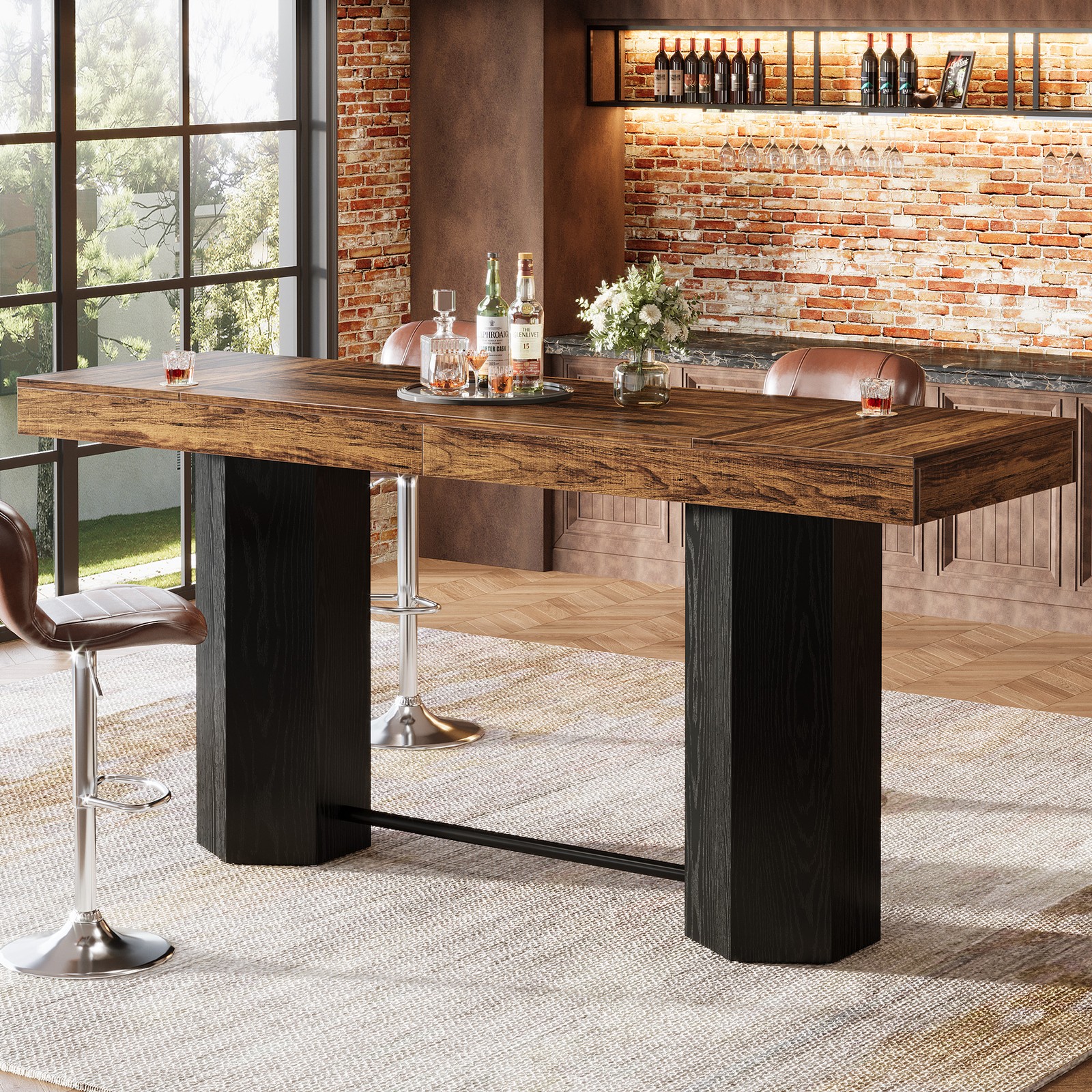 70.9" Extra Long Bar Table, Industrial Counter Height Table with Metal Footrest