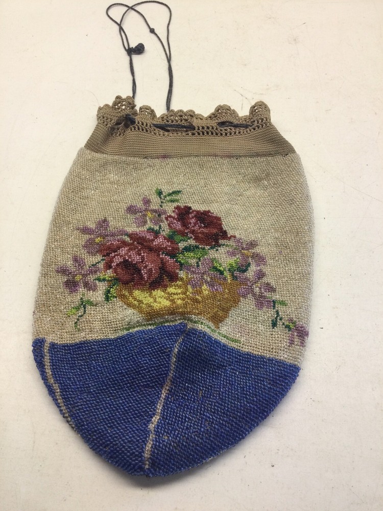Antique Beaded Roses Drawstring Bag Purse