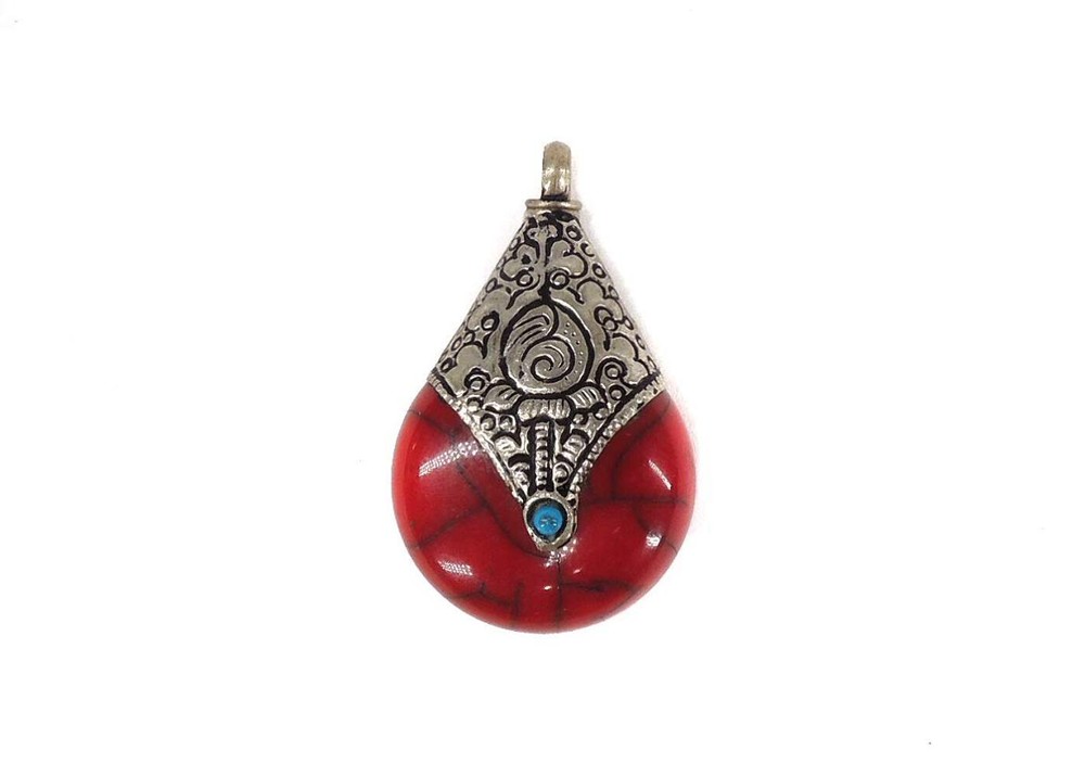 Tibetan Red Crackle Silver Repoussé Pendant