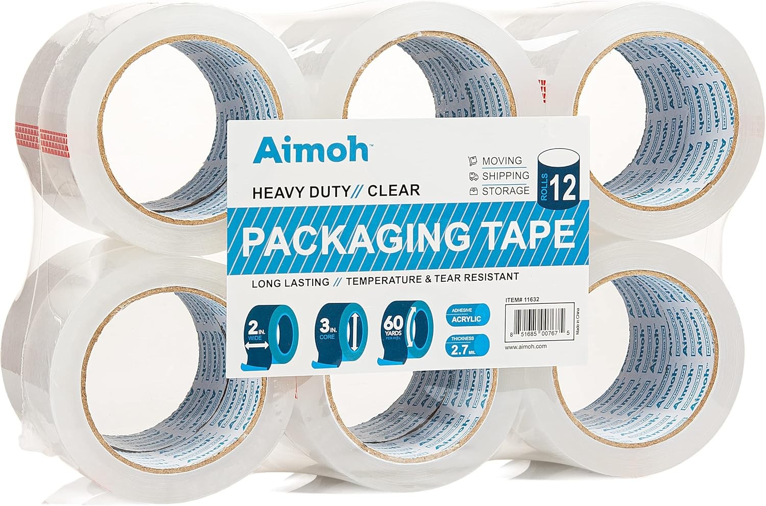 12 Rolls Heavy Duty Clear Packing Tape -Acrylic Adhesive- 2.7mil Super Strong...