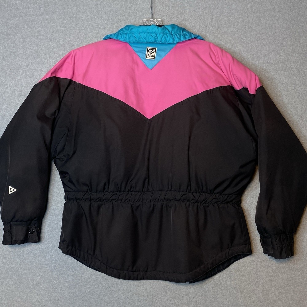 Vintage Black bear Ski Jacket Medium Down Black Turquoise Pink