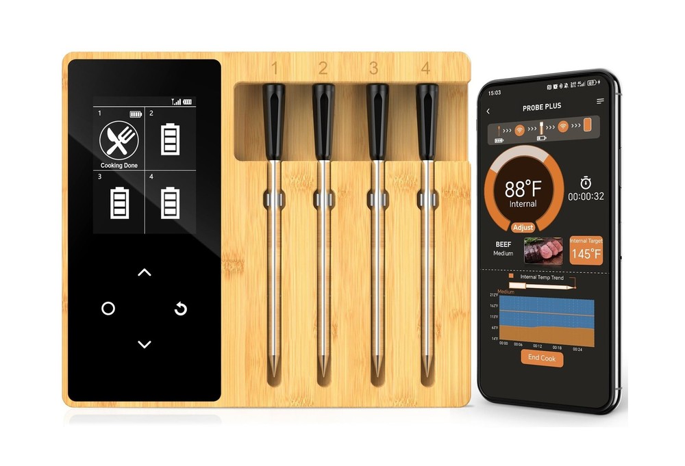 Accurate Smart Wireless Meat Thermometer - 4 Probes, Long Range Bluetooth, Re...