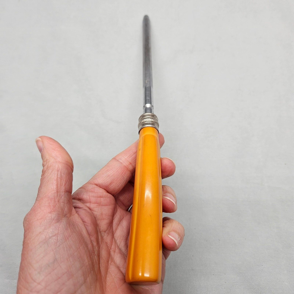 Vintage Butterscotch Bakelite? Handle Stainless Knife Sharpener Kitchen Tool