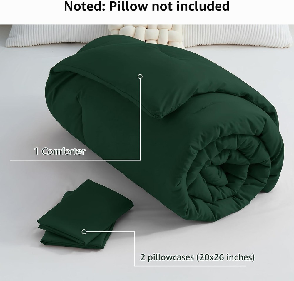 Dark Emerald Green Queen Comforter Set, 3 Pieces Solid Breathable Quilted Bed...
