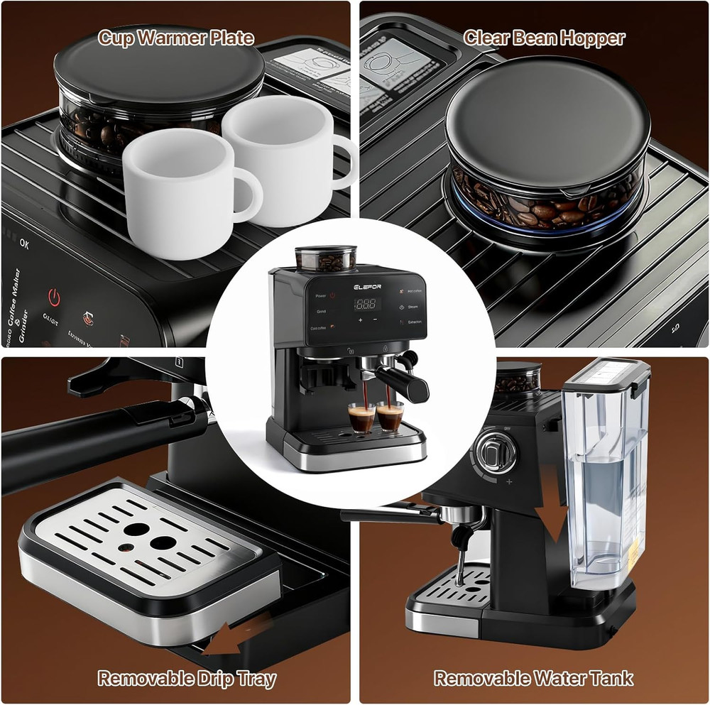 20 Bar Espresso Machine & Grinder - Black Coffee Maker