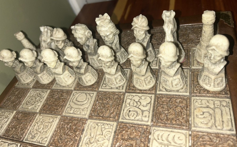 Vintage Unique Aztec Spanish Folding Chess Board Set Mexico Complete