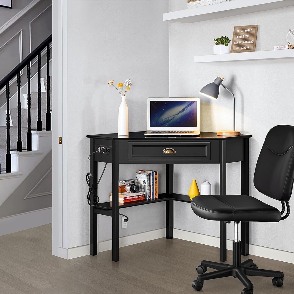 L Shaped Computer Desk Corner Table with Charging StationOutlets for Small Space