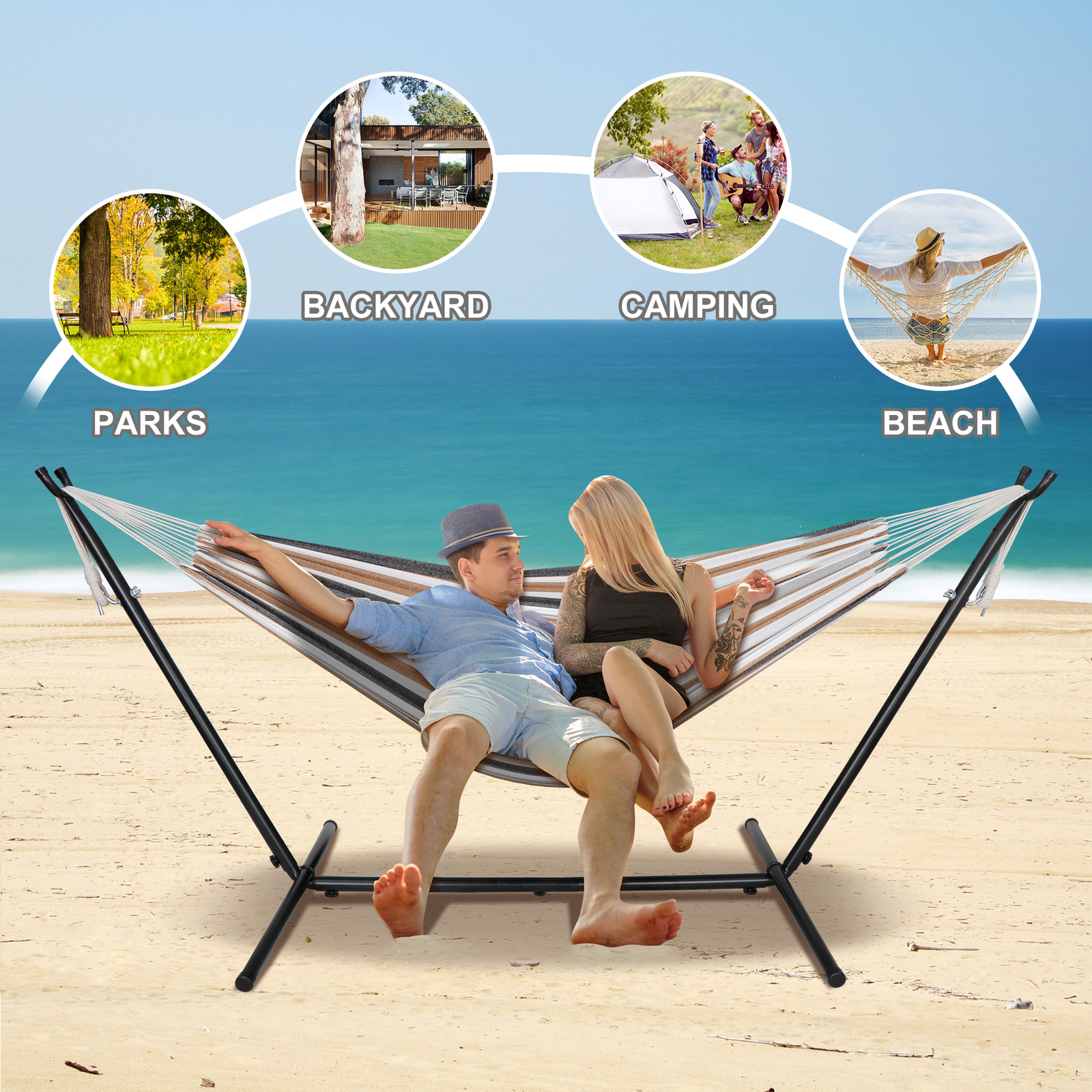 620lbs Capacity Steel Hammock Stand Adjustable Hooks 9FT 2 Person w/Carrying Bag