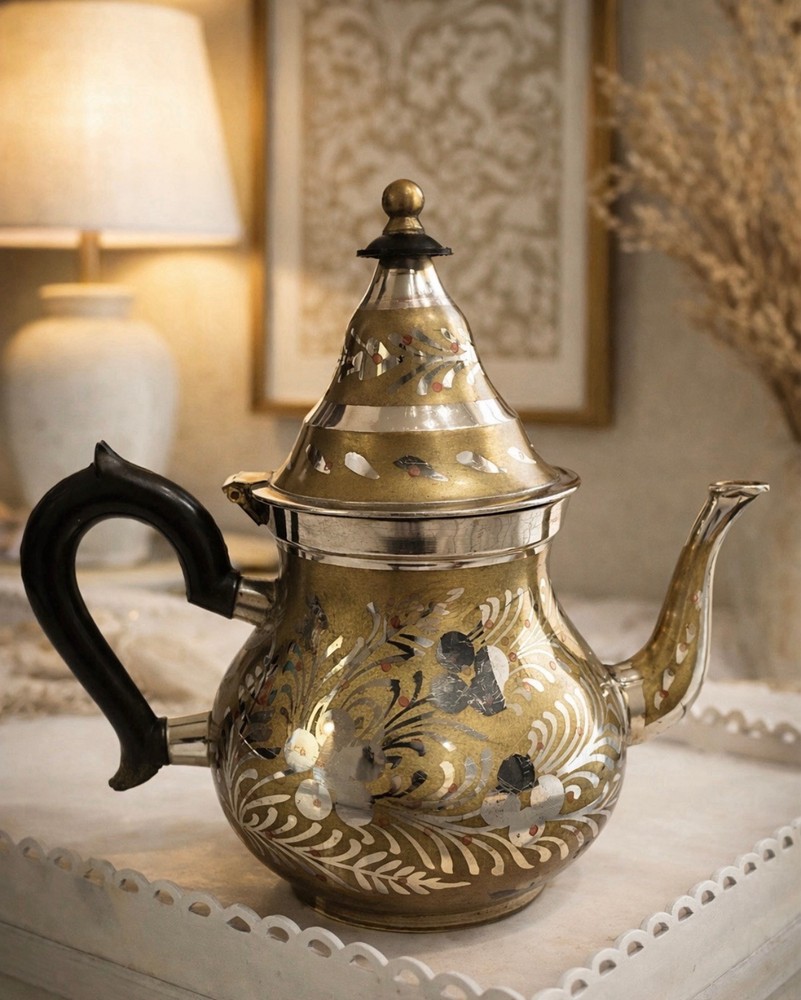 Vintage Tea Pot Small Middle Eastern Brass & Silver Plate