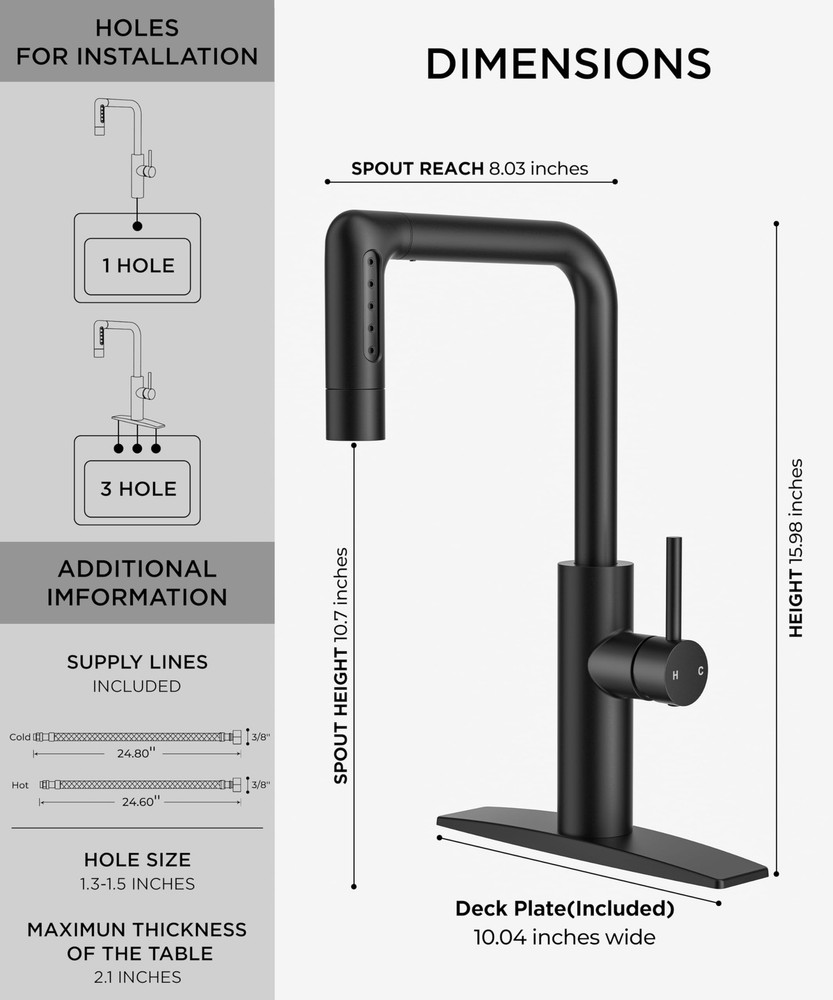 Black Waterfall Kitchen Faucet with Pull Down Sprayer, 5 Spout Modes Stainles...