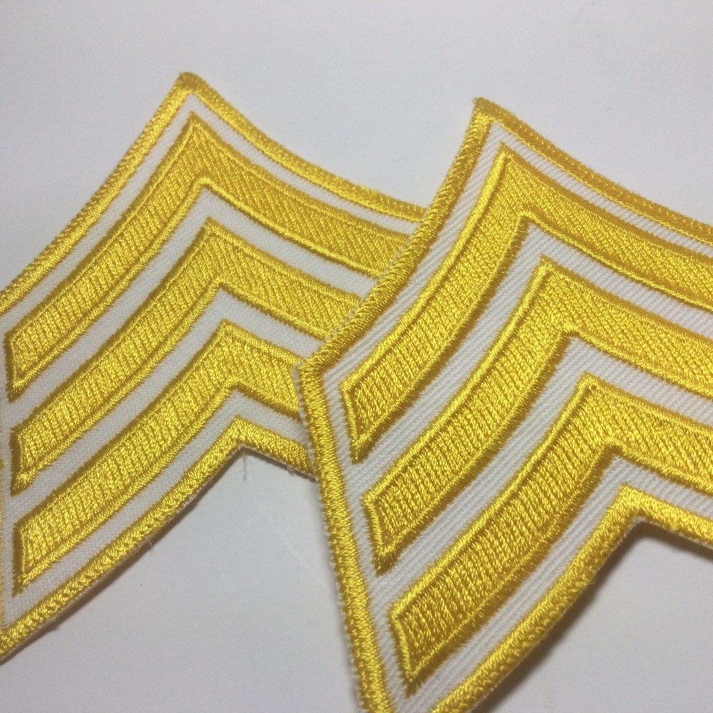 (2) Sergeant Chevron - 3 YELLOW Stripes on WHITE Patch (Yellow Border)