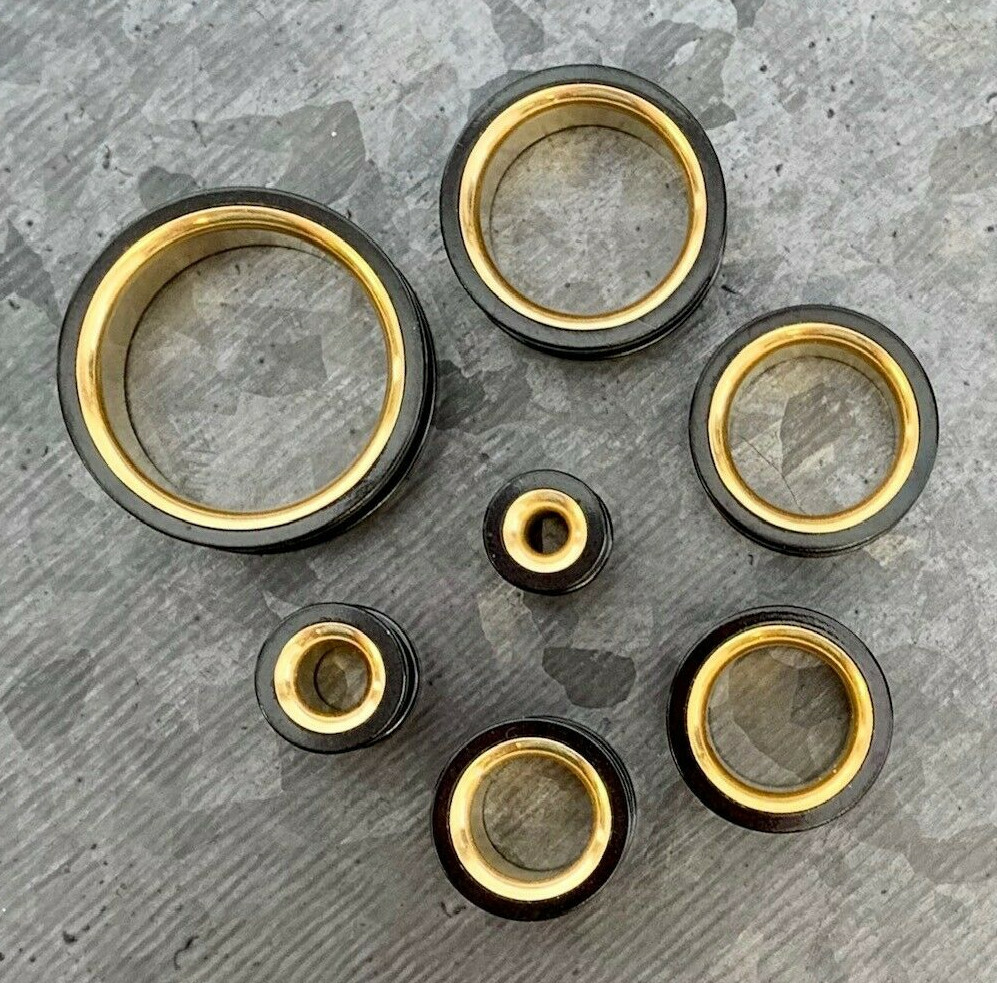 PAIR Black with Gold Interior Screw Fit Tunnels Ear Plugs Earlet Gauges