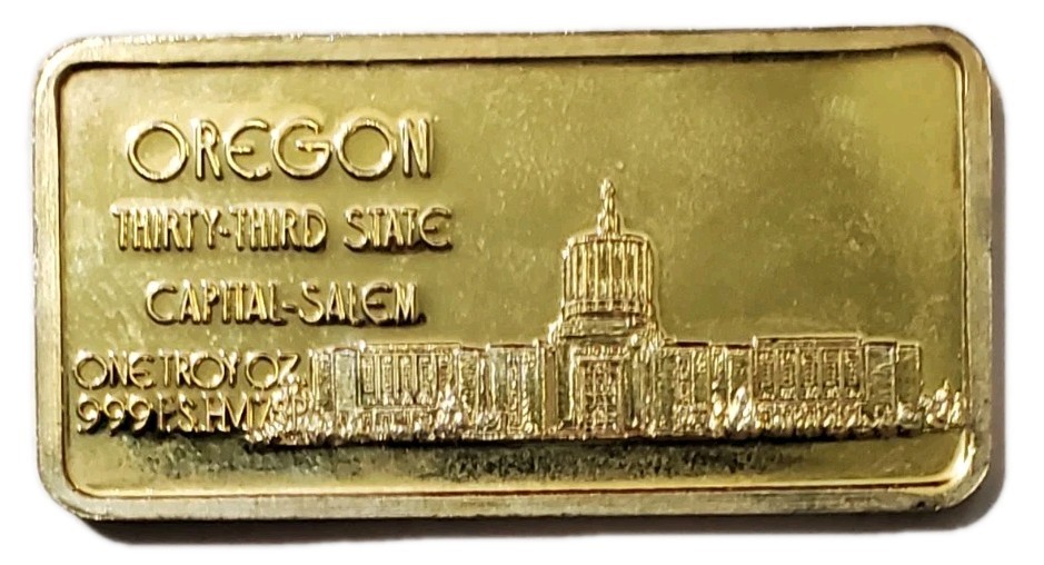 1 Oz Silver 33TH State OREGON Gilded Bar.