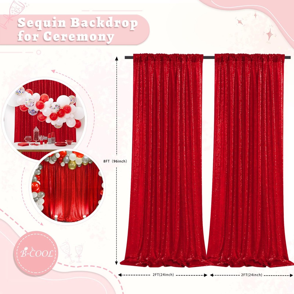 Red Sequin Backdrop Curtain 2 Panels 2ftx8ft Shiny Valentines Backdrop Drapes...