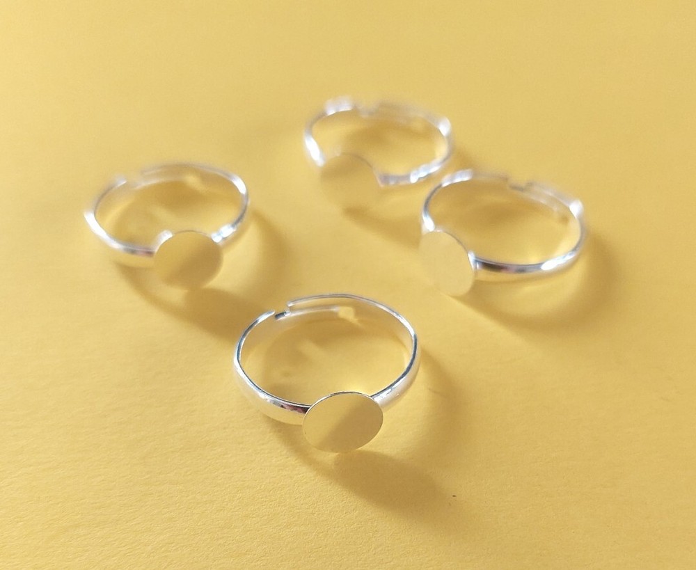 Adjustable Ring Blanks Silver Settings Brass with 8mm Pad Glue On Shanks 4pcs