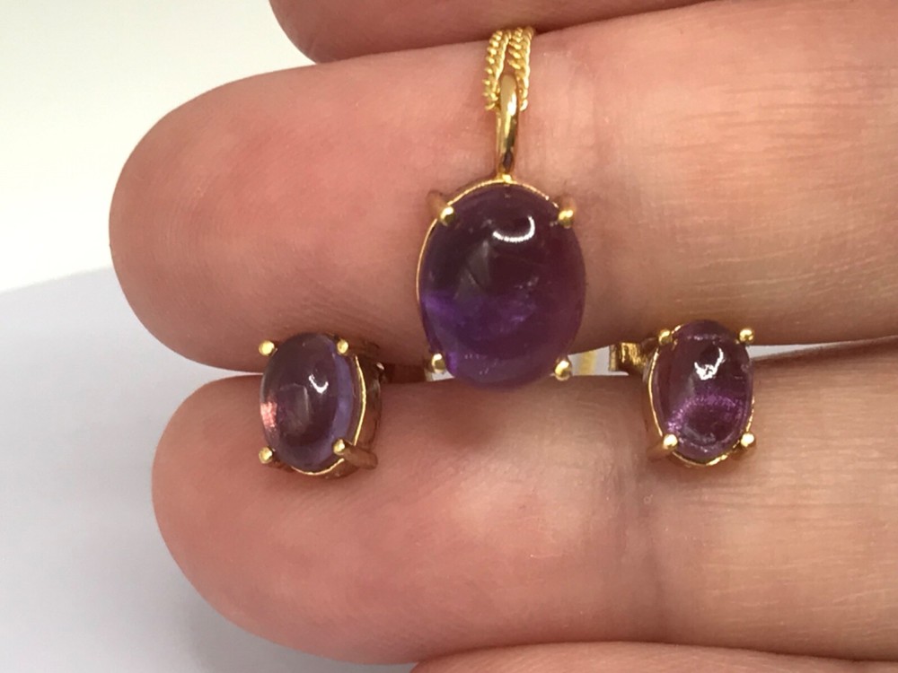 Amethyst cabochon set, stud earrings, pendant, gold on solid sterling silver.