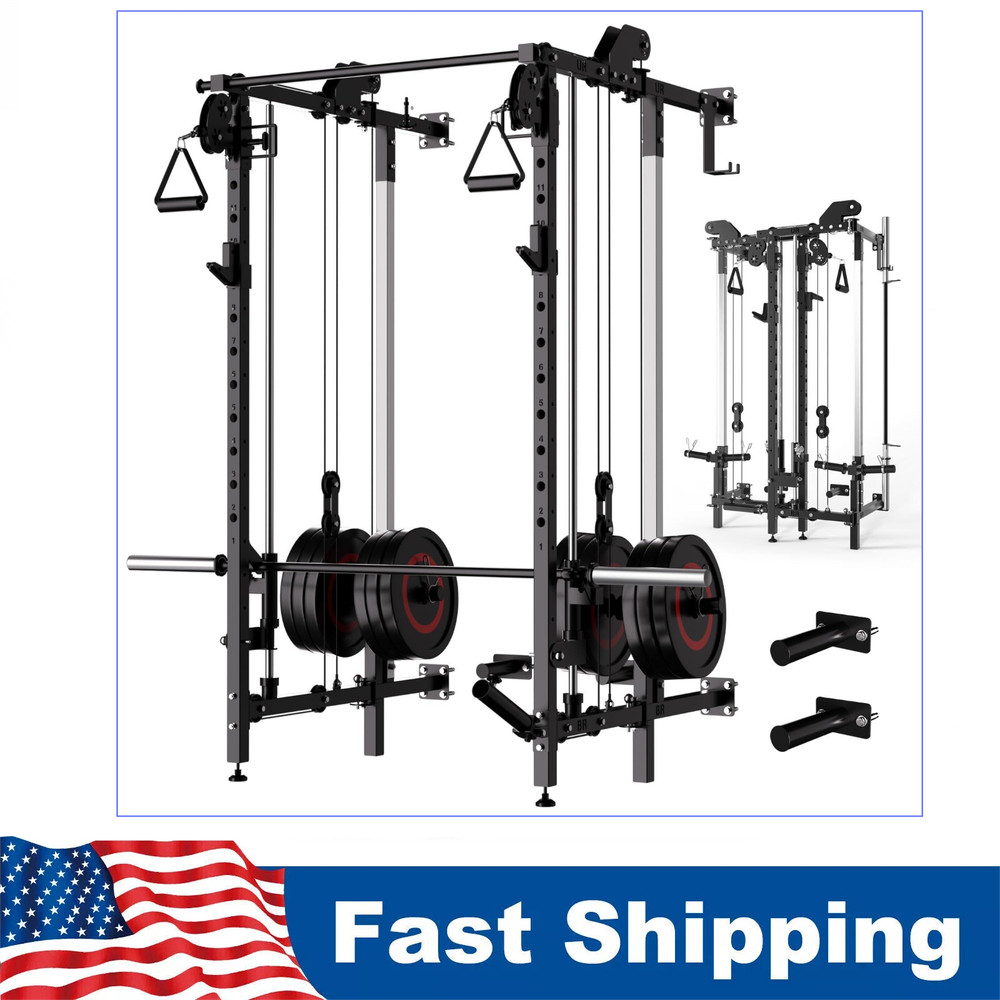 Wall Mount Smith Machine Folding Power Rack w/Pulley System Squat Rack Power Cag