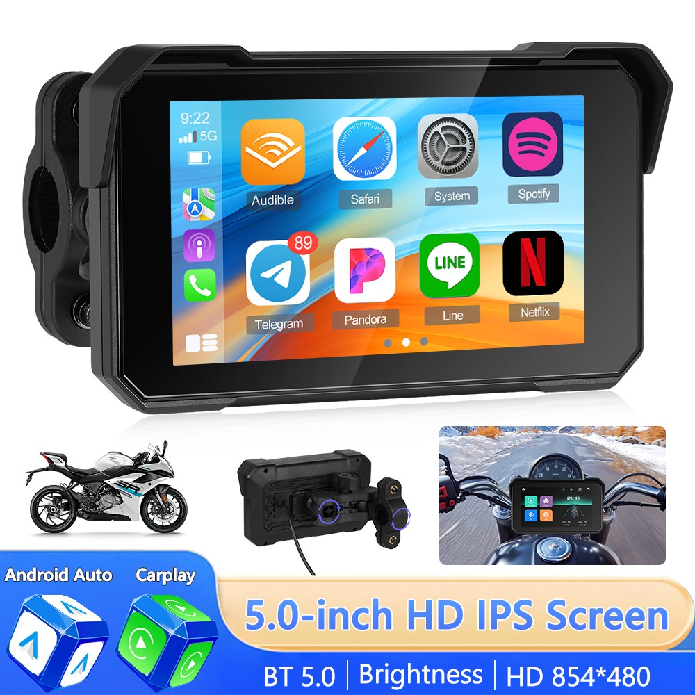 5" Wireless CarPlay Android Auto Portable Screen Waterproof Motorcycle Navigator