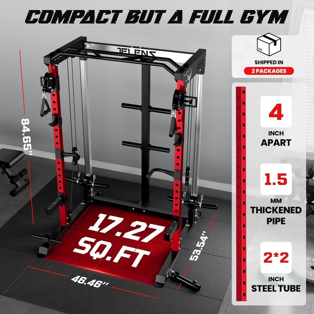 Power Rack Cage, Weight Rack with Dual Pulley Cable Crossover Machine,Multi-Func