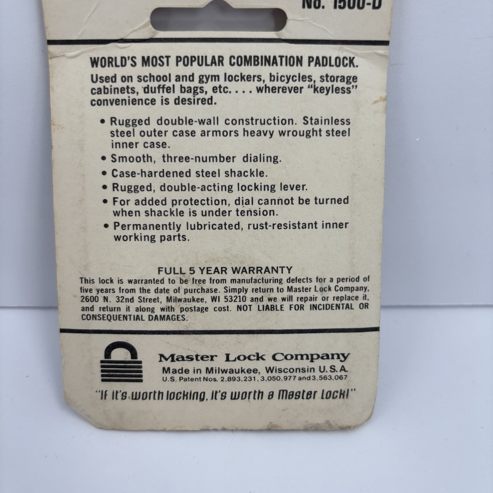 Vintage Master Lock 1500-D Combination Padlock Made USA NOS