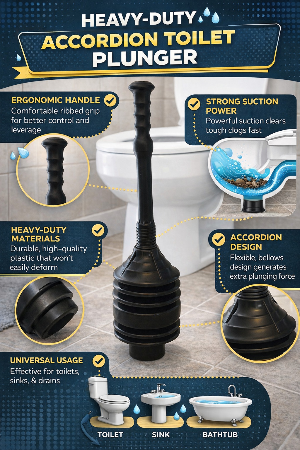 Accordion Toilet Plunger – High-Force Clog Remover for Toilets, Sinks & Tubs