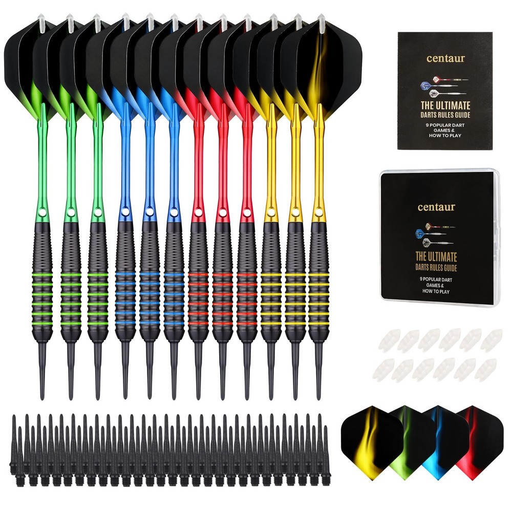 12 Pack Soft Tip Darts Set - 18g Plastic Tips, 100 Tips, 16 Flights, Case, 4 Col