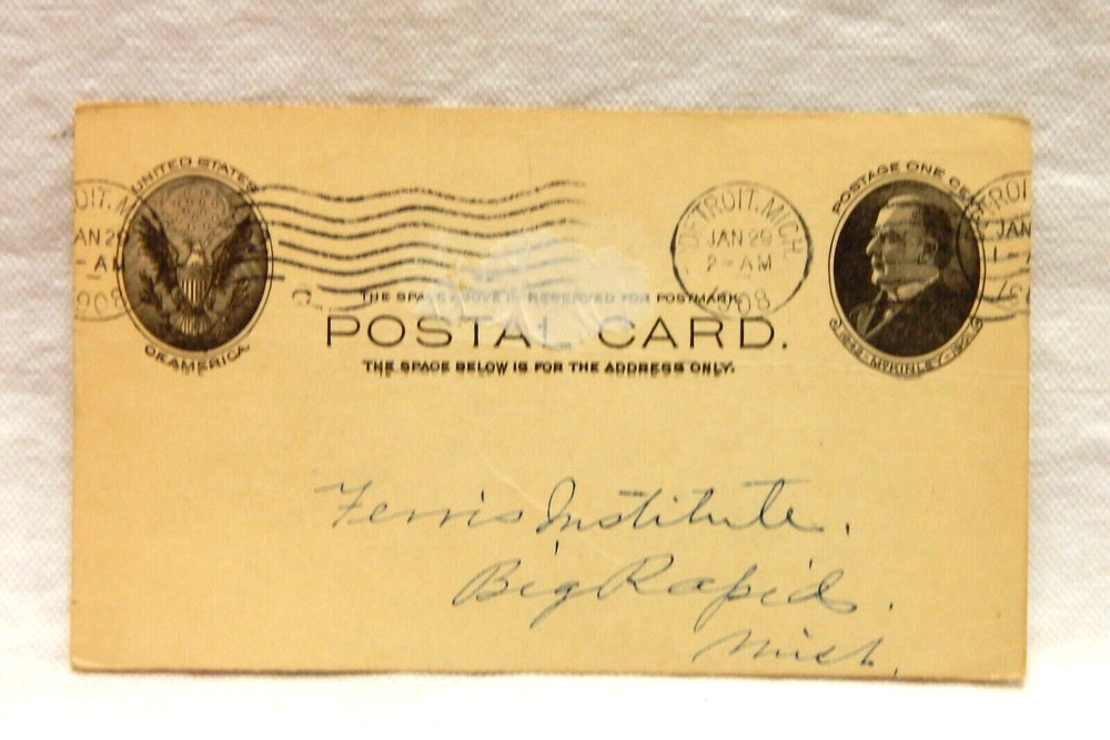 UX18 WILLIAM McKINLEY POSTAL CARD ONE CENT POSTMARKED 1908