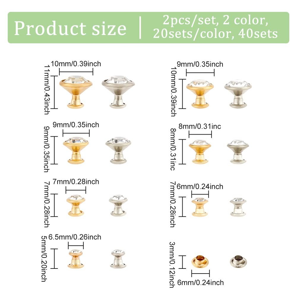 Rhinestone Rivets 280 Sets 7 Sizes 5-11mm Clear Platinum Gold Double Cap Studs
