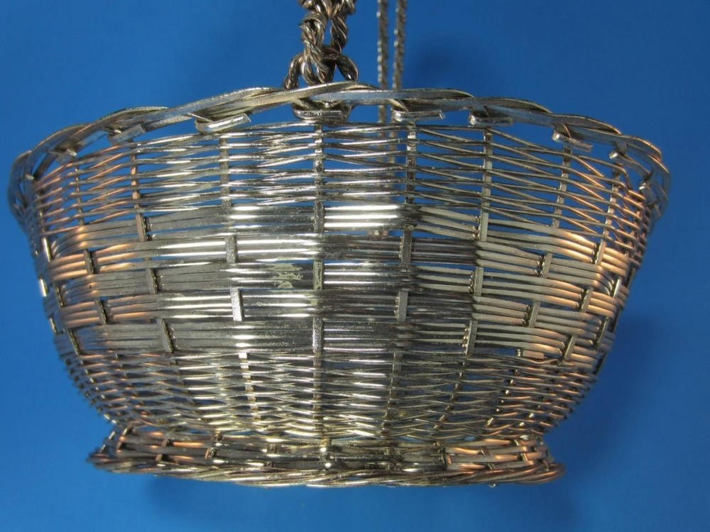 *Basket Silvertone Woven Metal, Quality, Heavy, Swing Handle Easter, Display 7"L