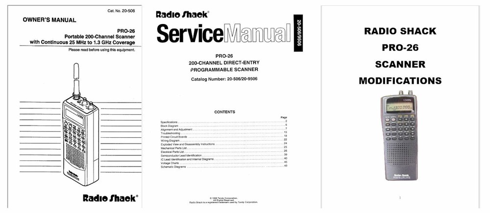 RADIO SHACK PRO-26 OPERATING MANUAL + SERVICE MANUALS + MODIFICATIONS DOCUMENT