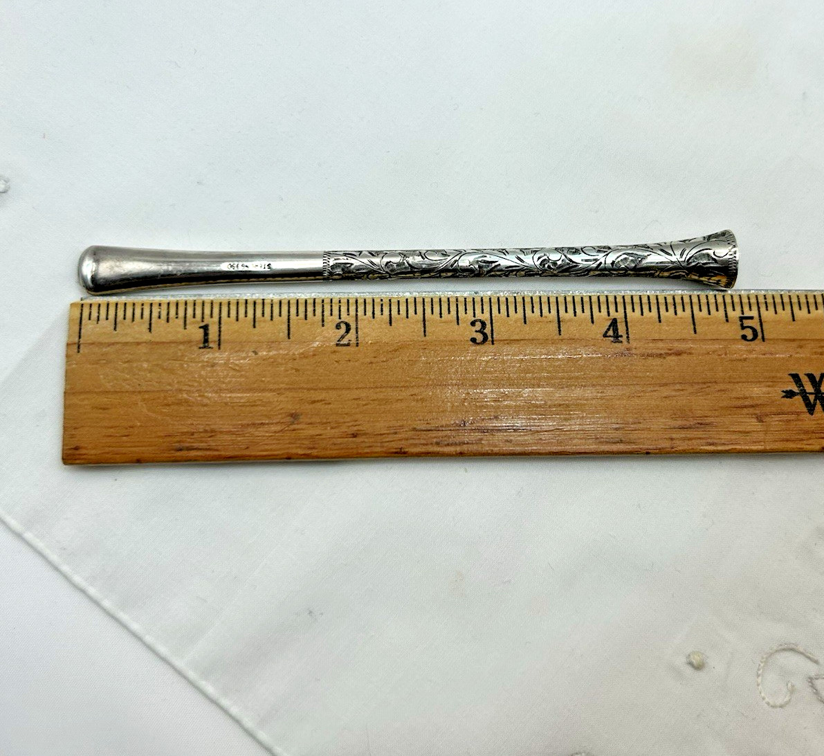 Unsigned 950 Silver Hand Etched Engraving Cigarette Holder 4-7/8" Vintage 9.8 gr