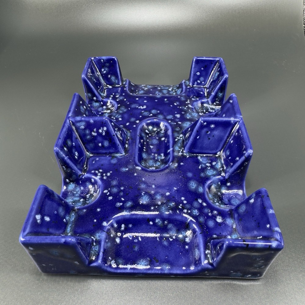 Vintage Hand Made Pottery Ashtray Dish Blue Speckled Glaze Rectangular Container